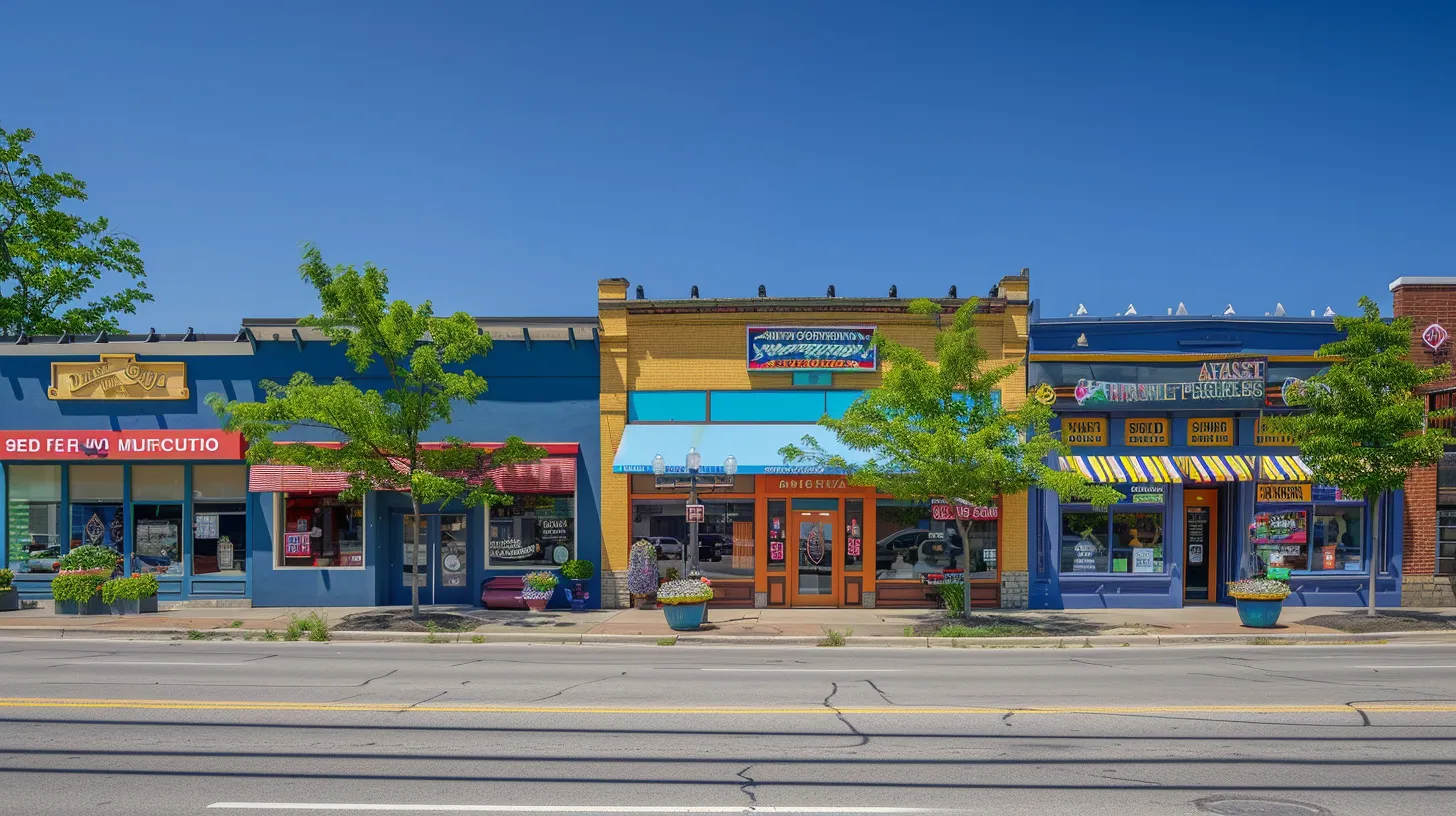 a vibrant storefront in southeast michigan, adorned with an eye-catching custom sign that prominently showcases a unique business identity against a clear blue sky.