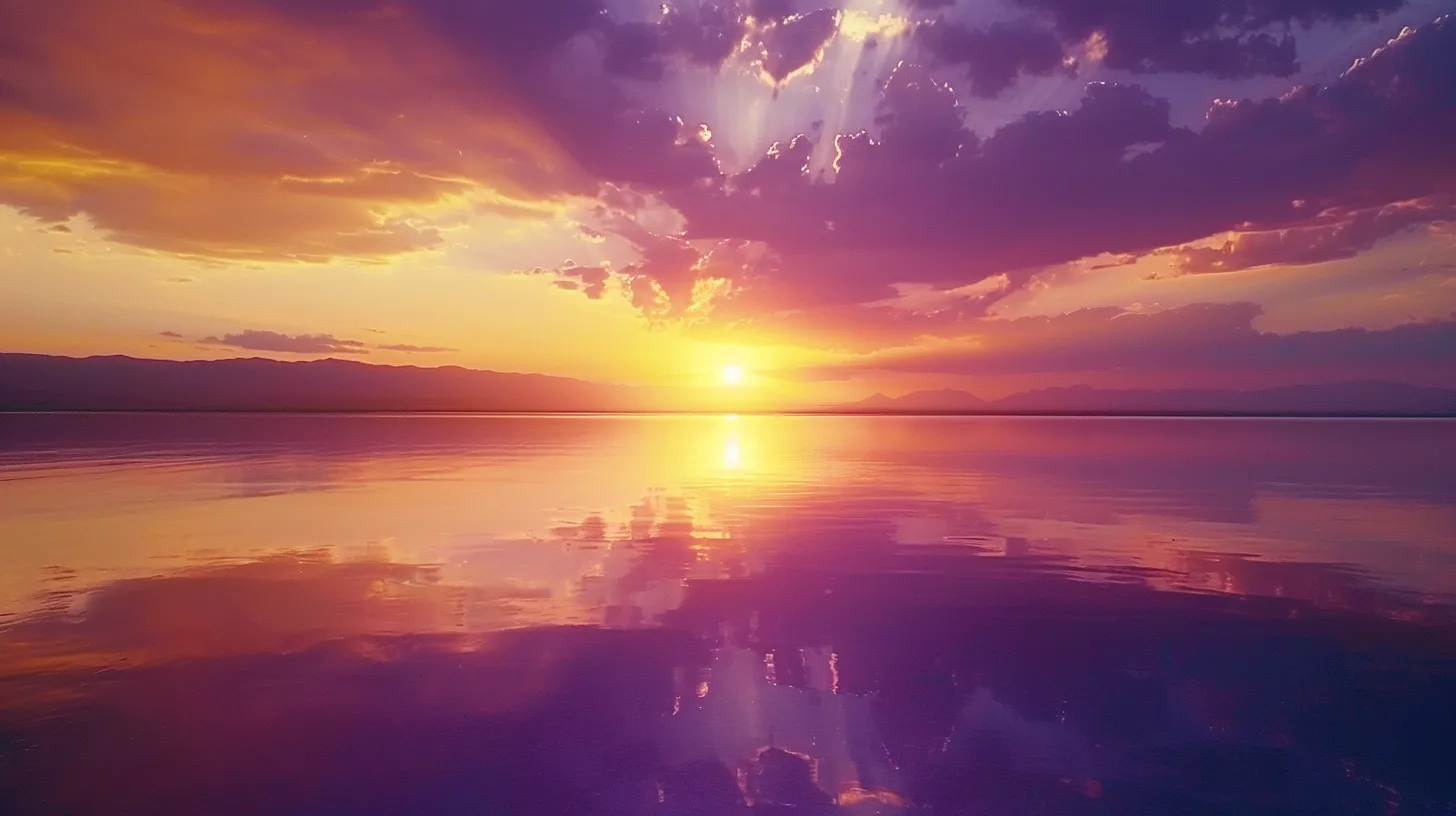 a breathtaking sunset paints the sky in vibrant hues of orange and purple over a tranquil lake, reflecting the ethereal colors on the water's surface.
