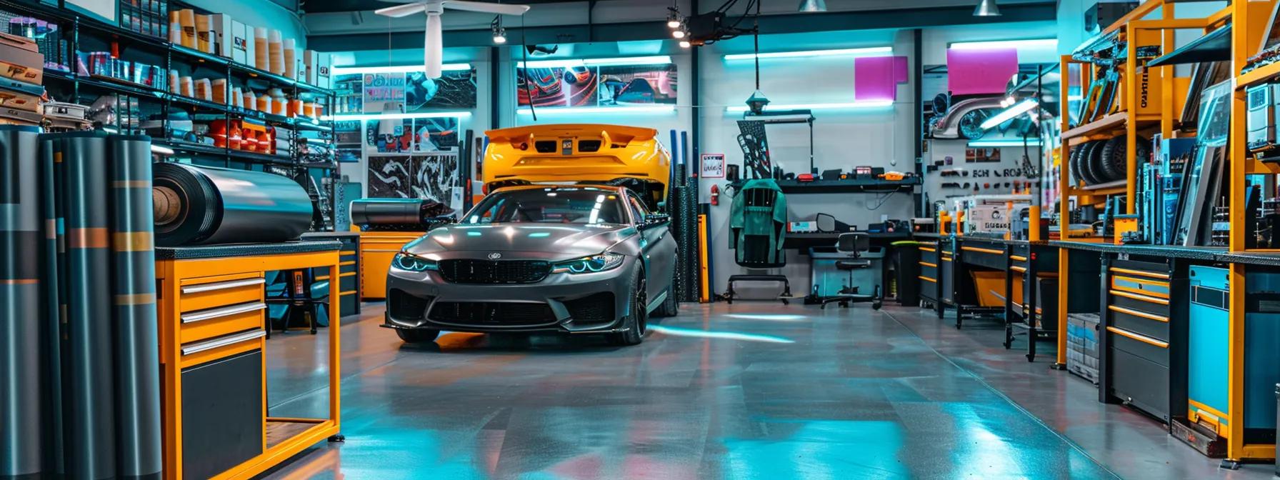a bustling auto shop showcases a sleek car undergoing a vibrant custom wrap application, with rolls of high-quality vinyl materials and design sketches prominently displayed on a well-organized workbench.