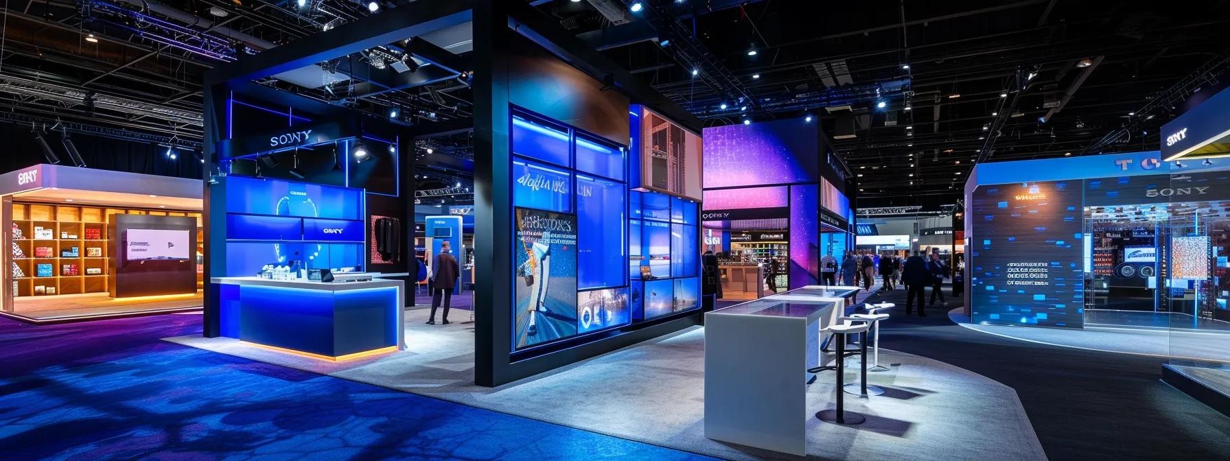 a dynamic trade show environment showcases a vibrant and modern custom display booth, featuring sleek graphics and innovative product arrangements, under focused spotlighting that enhances its professional appeal.