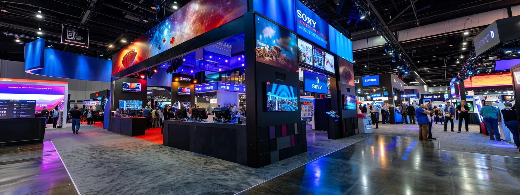 a dynamic trade show booth, outfitted with sleek, modern design elements and vibrant graphics, stands prominently within a bustling convention center, showcasing its versatility and attracting attention from a diverse crowd of engaged attendees.
