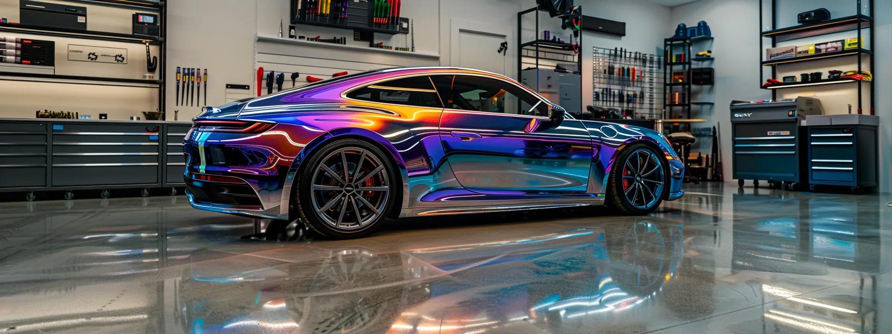 a sleek, custom-wrapped car is showcased in a modern, well-lit auto detailing shop, highlighting the vibrant colors and intricate designs of the wrap against the polished concrete floor and organized tools on shiny metal shelves.