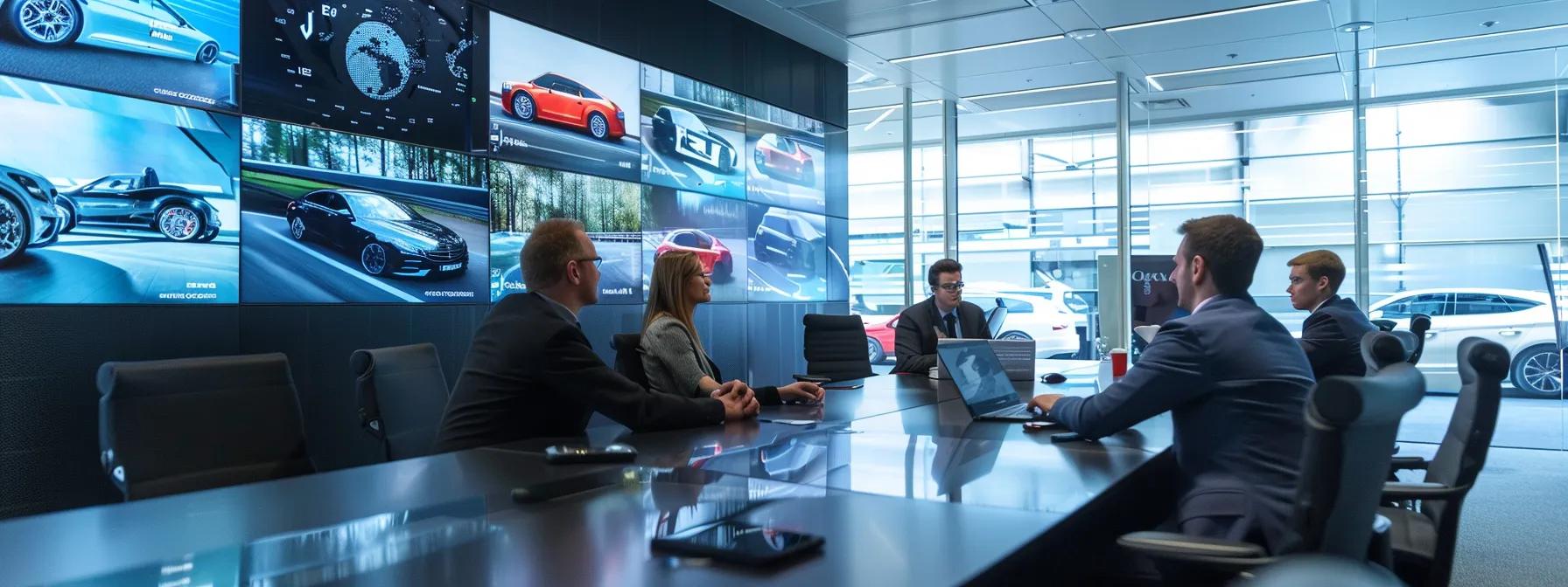 a sleek, modern office space showcases a team of professionals collaborating around a large table, surrounded by vibrant vehicle wraps and graphics displayed on digital screens, emphasizing the advanced technology and expertise of a car branding company.