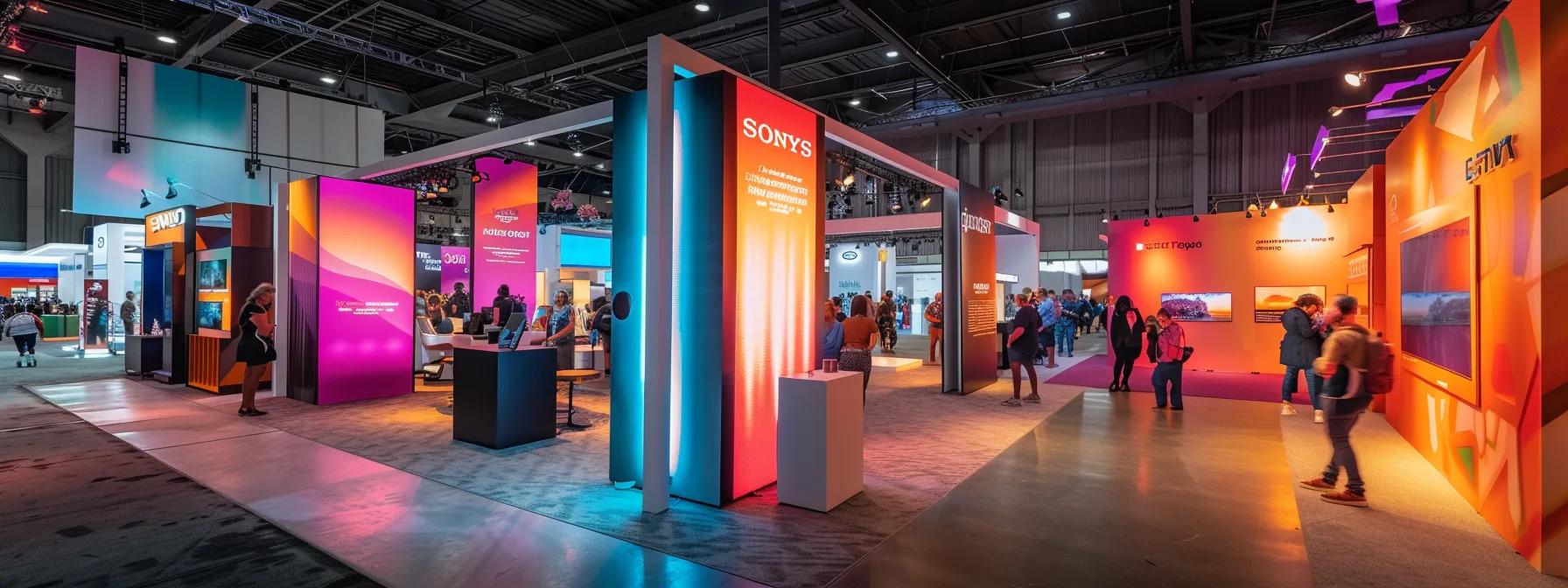 a sleek, modern portable trade show booth stands prominently in a bustling urban convention center, showcasing vibrant graphics and innovative technology, illuminated by dynamic, colorful lighting that captures the attention of engaged attendees.