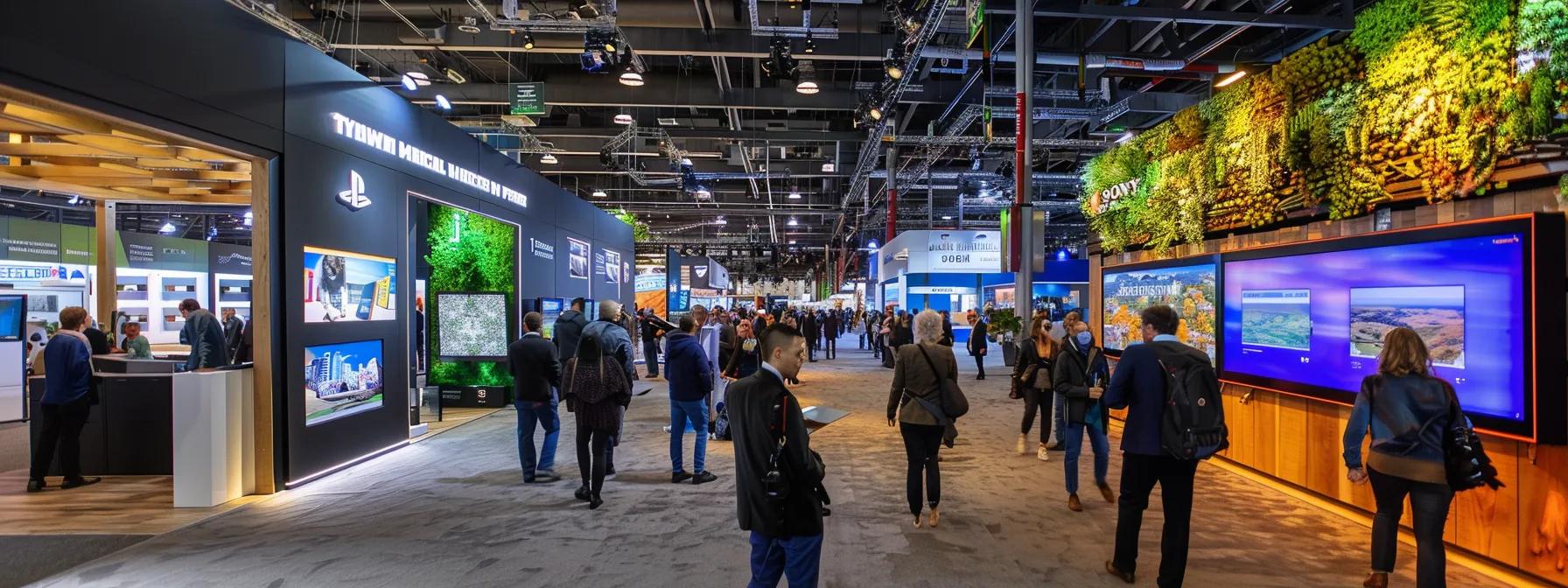 a sleek modern trade show booth showcases innovative eco-friendly materials and high-tech interactive displays, illuminated by vibrant led lighting, set against a bustling urban backdrop filled with engaged visitors exploring the latest in sustainability and digital technology.