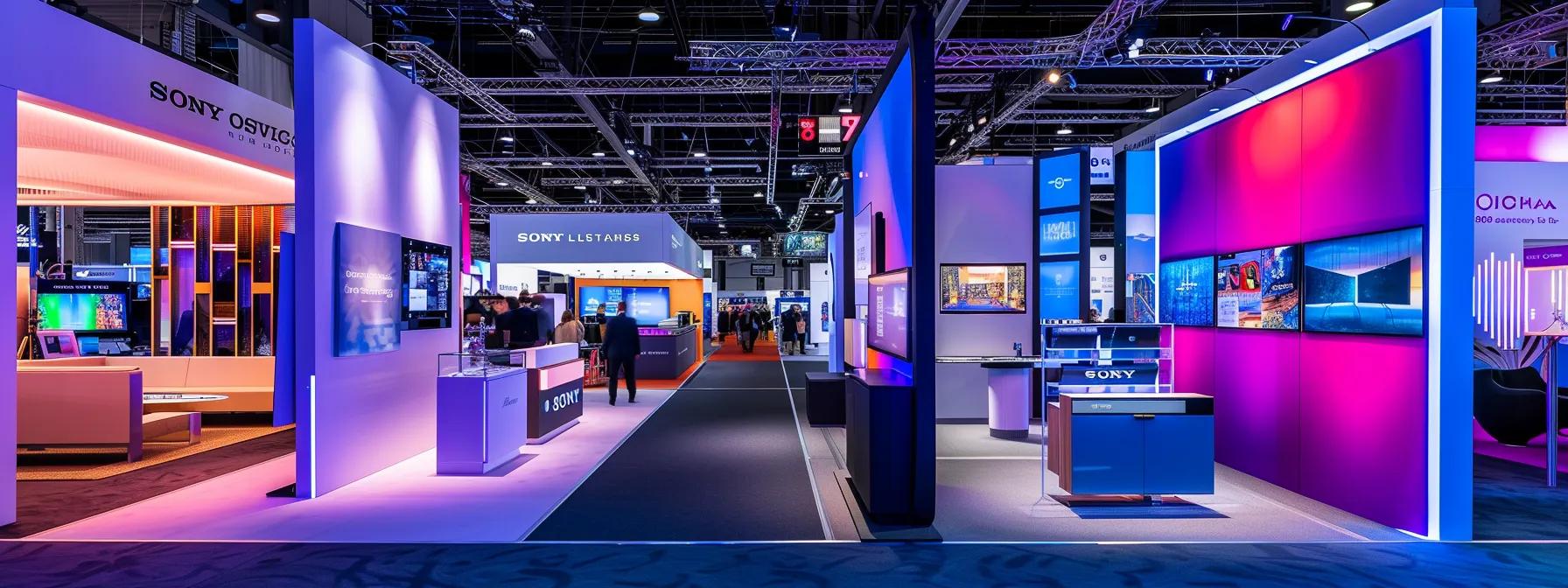 a sleek, modern trade show booth filled with vibrant branding elements and interactive displays, set against a bustling urban exhibition backdrop, showcasing the seamless blend of aesthetic appeal and practical functionality for business professionals.