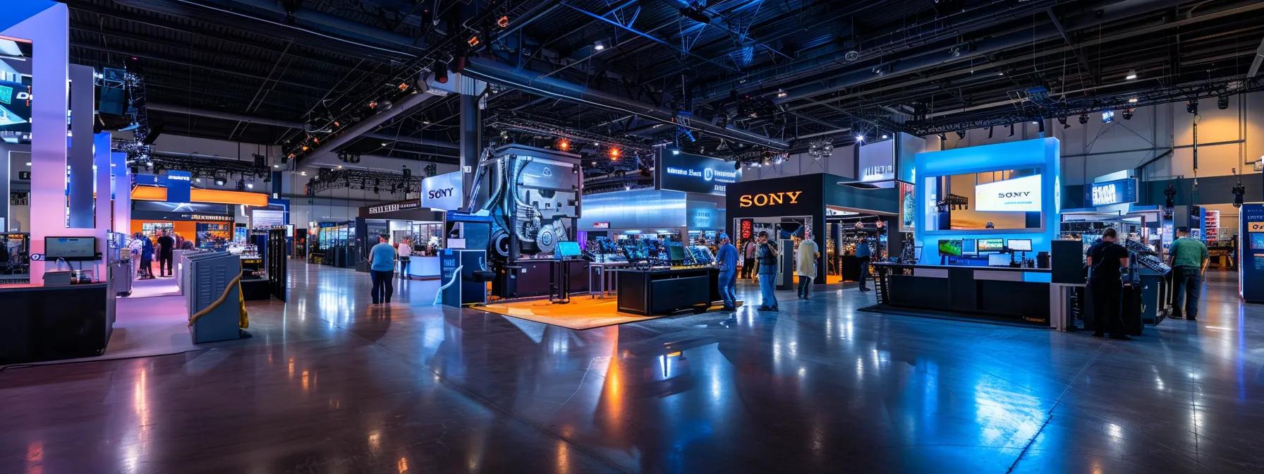 a vibrant, modern fabrication facility filled with skilled technicians meticulously assembling a large, eye-catching custom trade show display, showcasing advanced machinery and digital screens under bright, focused lighting.