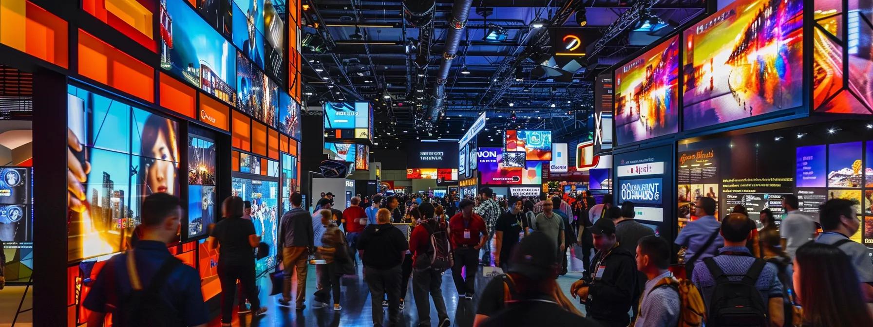 a vibrant trade show booth showcases an innovative custom display with eye-catching digital screens and immersive branding elements, set against a bustling urban exhibition hall filled with engaged attendees.