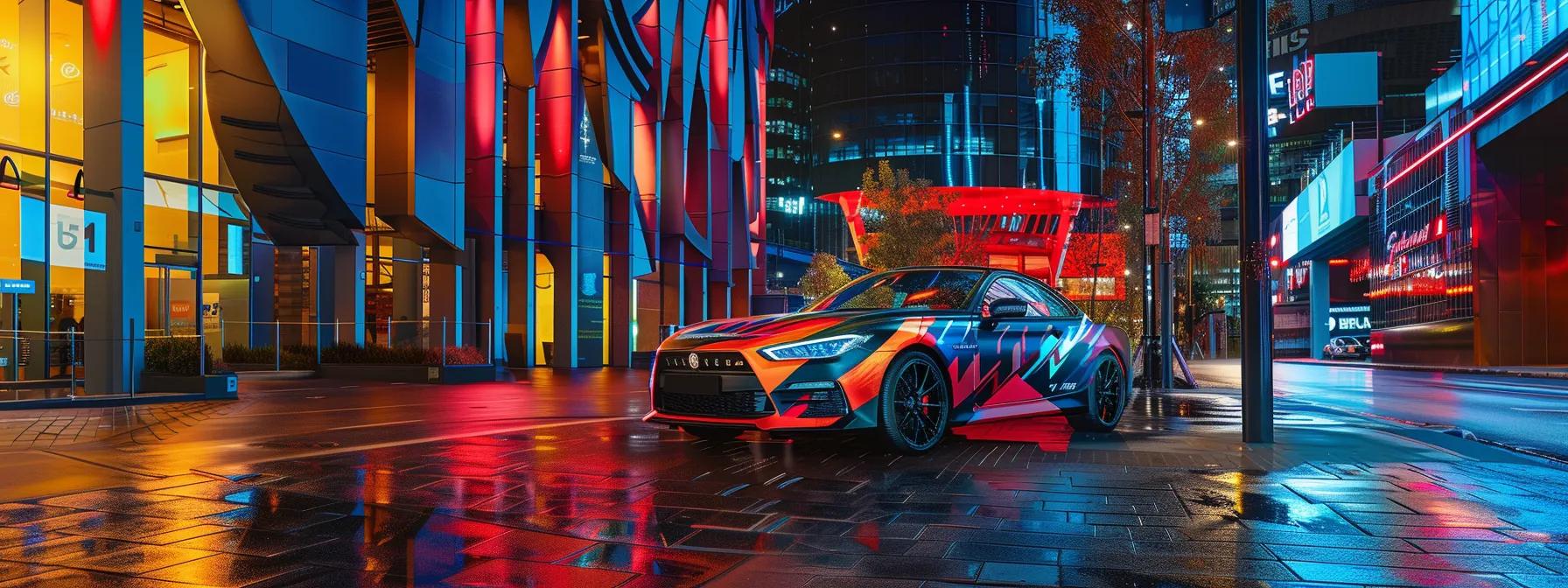 a vibrant urban scene showcases a sleek vehicle adorned with an eye-catching custom car wrap, highlighting the transformative power of high-quality vinyl graphics against a backdrop of contemporary city architecture.