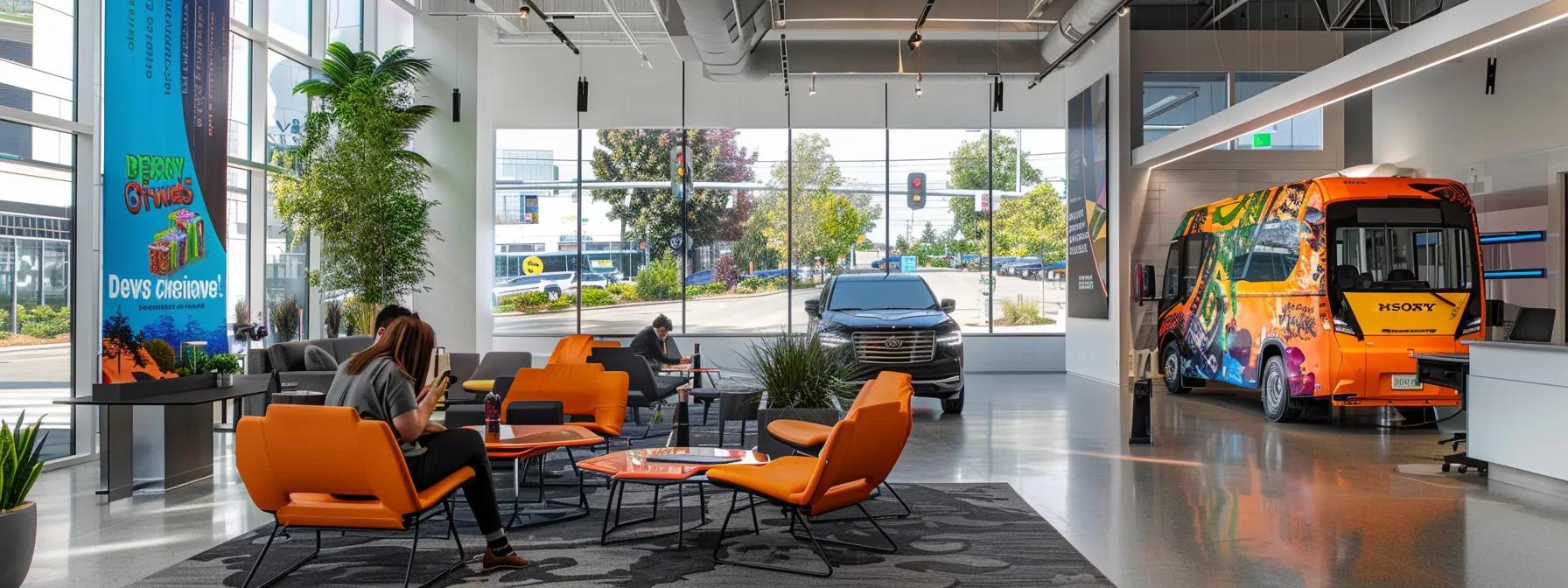 a vibrant urban setting featuring a variety of vehicles displaying bold, eye-catching wraps and decals, highlighting the intricate designs and diverse sizes, while a professional discusses branding options with a client in a sleek, modern office space.
