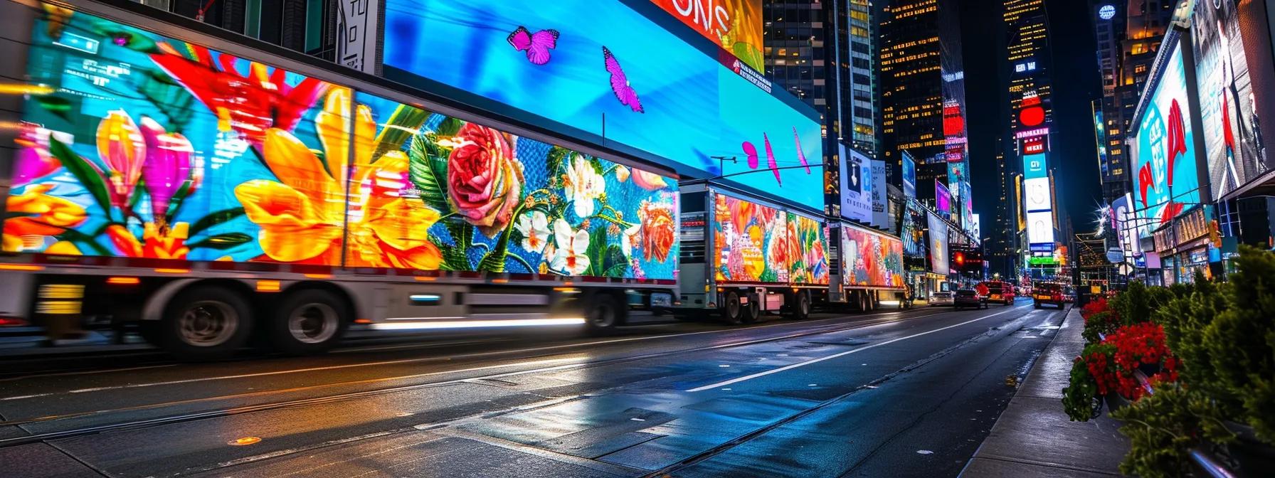 a vibrant urban setting showcases a fleet of vehicles adorned with eye-catching, large-format graphics, transforming them into dynamic mobile billboards that represent various businesses on a bustling city street.