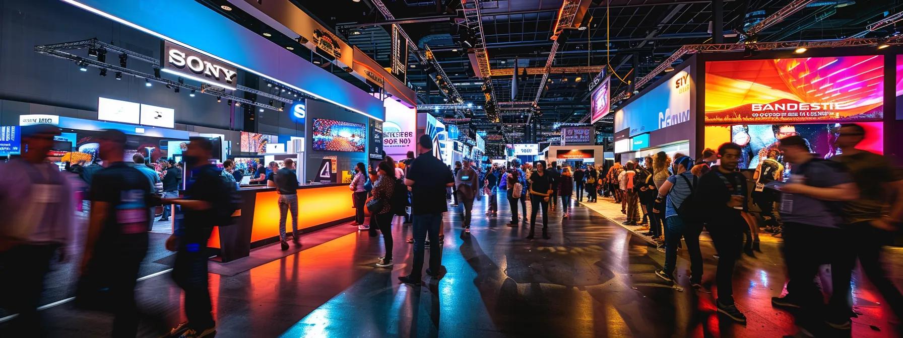 a vibrant, well-lit trade show booth showcases dynamic graphic designs and brand elements, drawing in a diverse crowd of engaged visitors in a bustling exhibition hall.