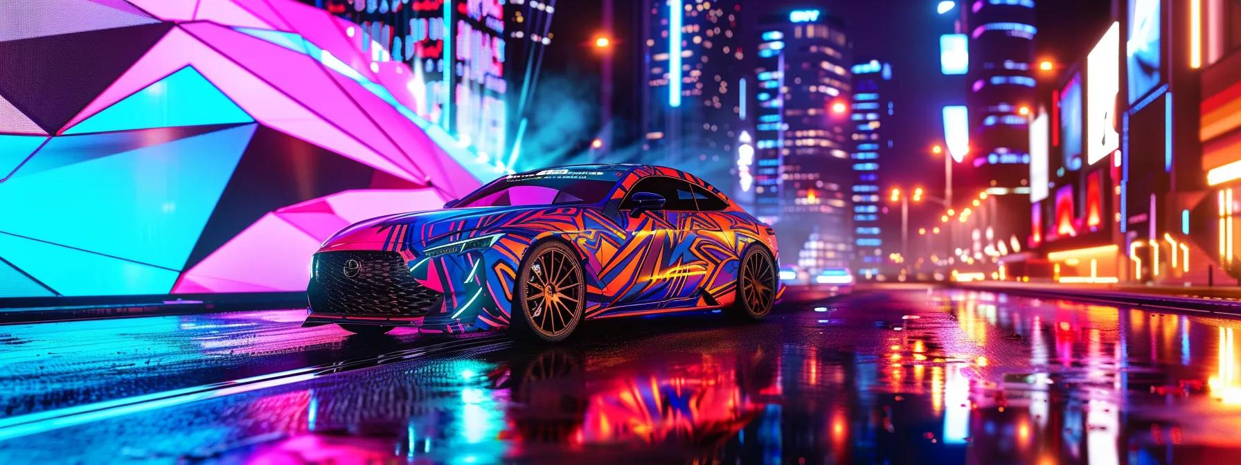 a sleek, customized car showcasing an eye-catching wrap design, parked in a modern urban environment with vibrant cityscape buildings in the background, illuminated by dynamic neon lights at dusk.