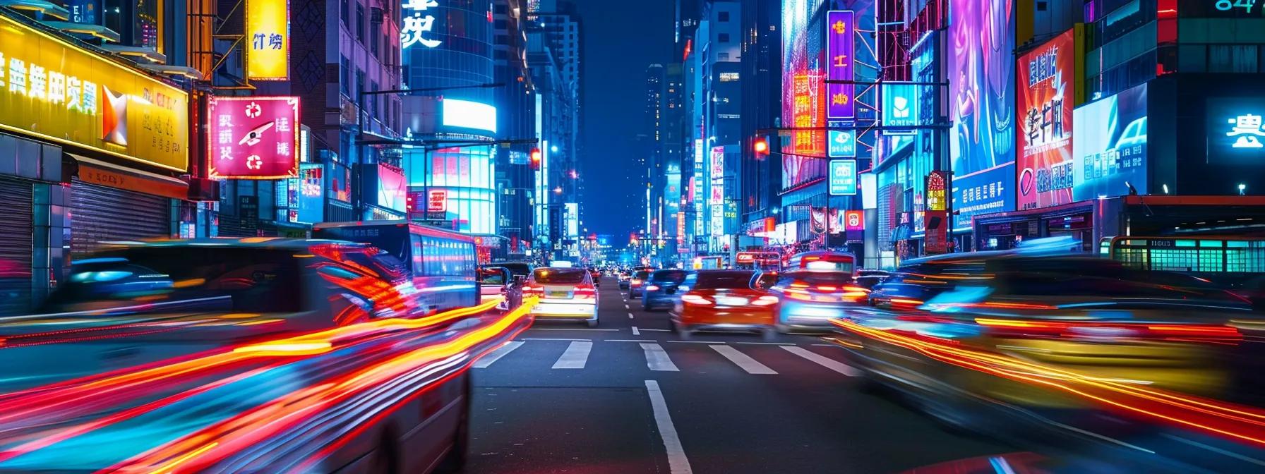a dynamic urban street lined with vibrant, high-tech auto signage solutions illuminated in neon hues, showcasing a blend of digital displays and modern vehicles navigating the busy roadway.