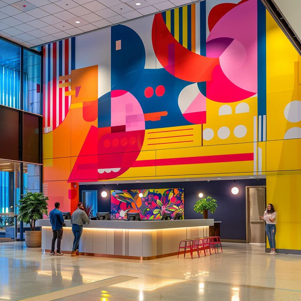 Vibrant commercial space with dynamic wall wraps enhancing brand identity
