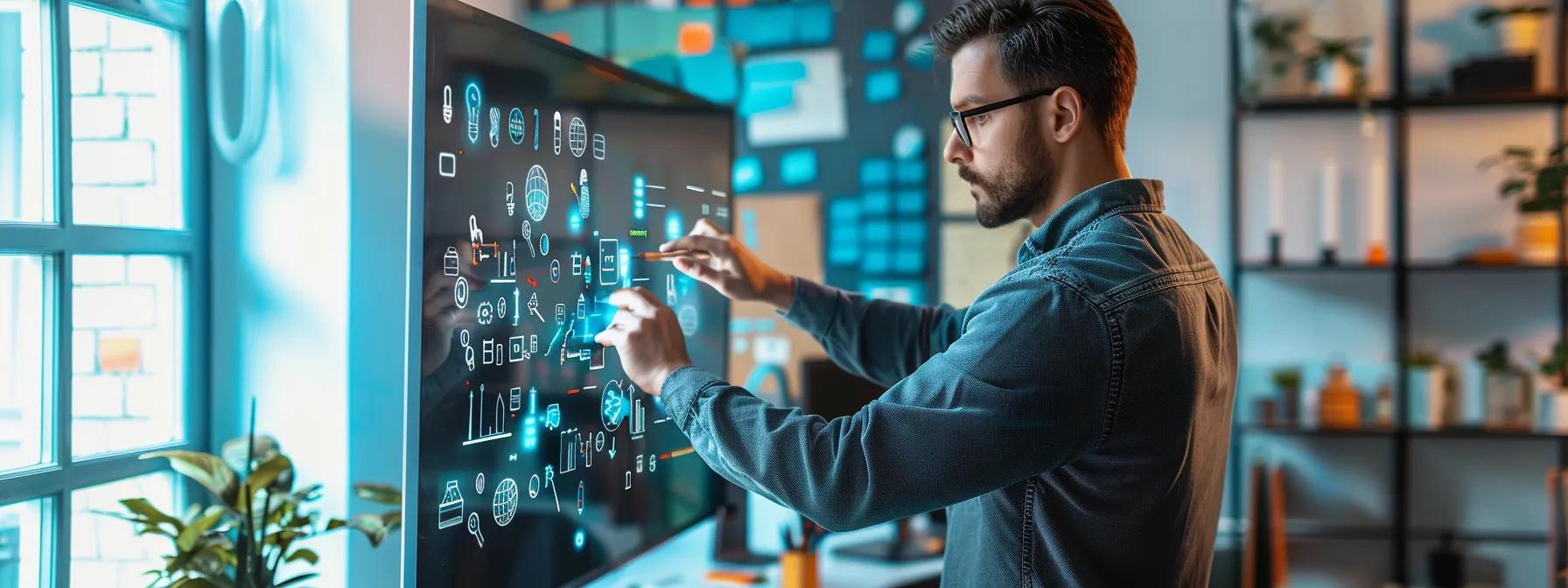 a focused professional installer meticulously applies a vibrant vinyl decal to a sleek, modern office wall, surrounded by tools and equipment that showcase their expertise in detail.