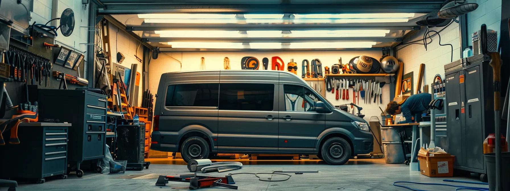 Service vehicle in a workshop surrounded by tools and equipment, illustrating the environment for fleet graphics installation and vehicle branding services.