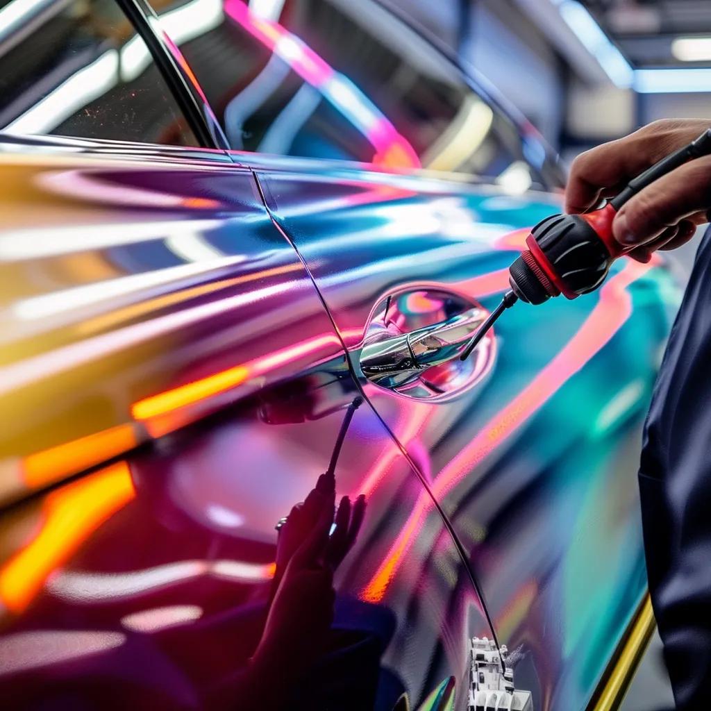 Certified wrap specialist applying a vibrant vehicle wrap in a professional workshop