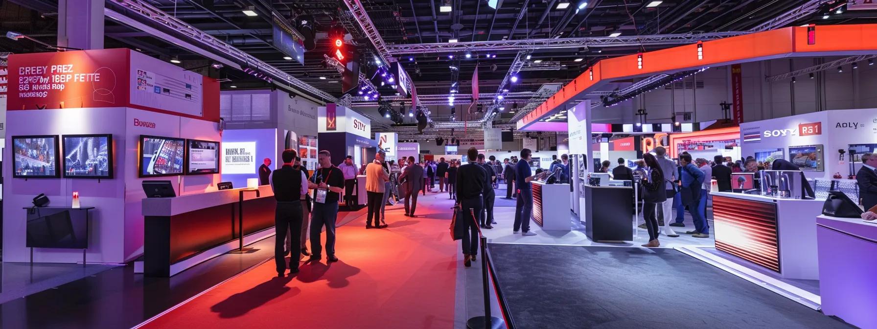 Trade show exhibit featuring multiple booths, professional setup, and attendees engaging with displays in a vibrant, well-lit environment.