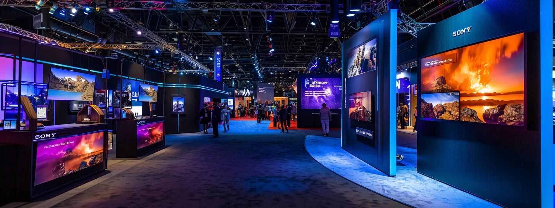 Trade show booth setup featuring Sony displays, vibrant lighting, and attendees engaging in a professional exhibition environment.