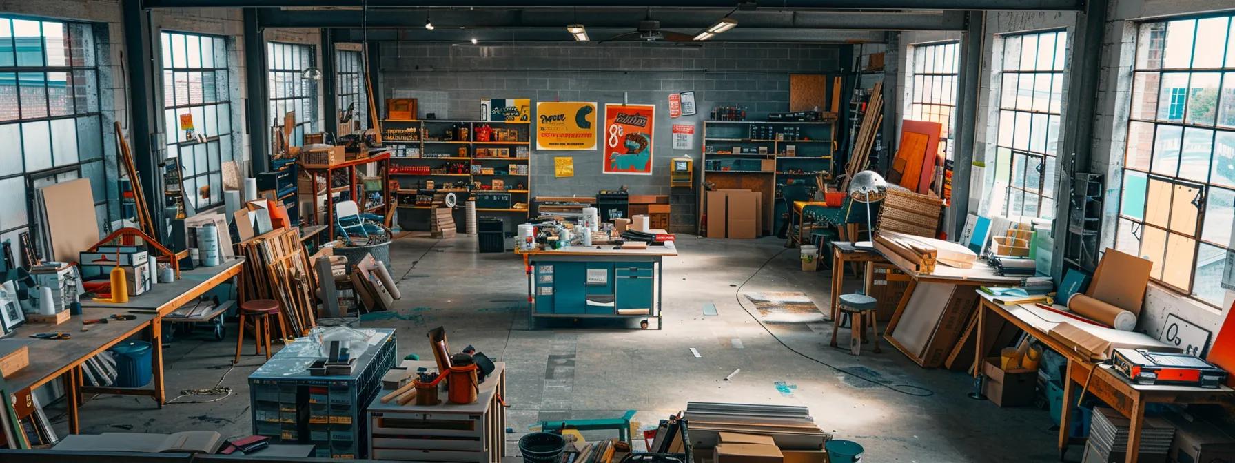 Brightly lit workshop filled with various tools, materials, and signage elements, showcasing the creative environment of a Michigan signage company.