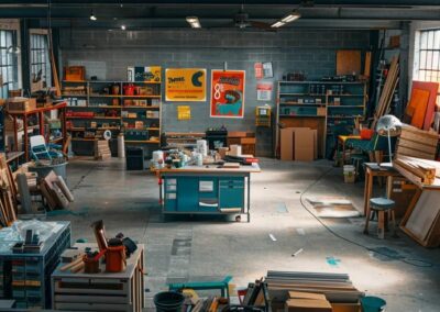 a vibrant urban workshop filled with brightly colored signage materials and tools, showcasing a dynamic team actively designing and constructing eye-catching signs for various businesses in michigan.