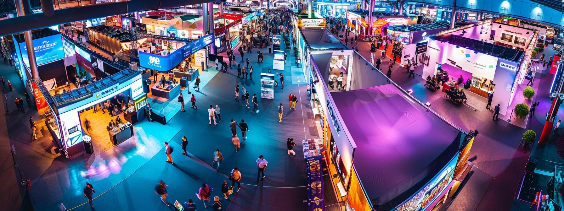 Vibrant trade show scene featuring numerous colorful booths, attendees engaging with displays, and illuminated signage, highlighting the dynamic environment of exhibit setup services.
