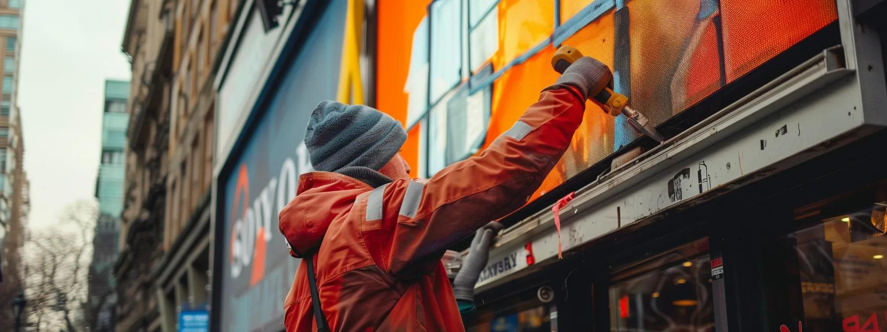 a skilled technician meticulously installing a large, vibrant storefront sign, showcasing the precision and professionalism of a family-owned signage company in a bustling urban setting.