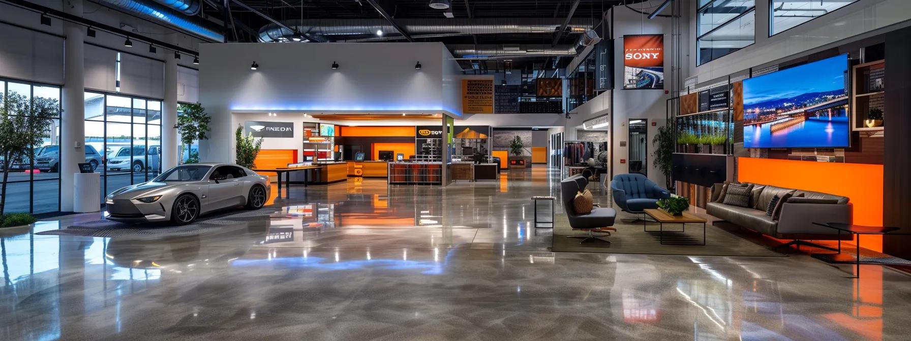 a vibrant office interior showcases a diverse array of custom signage, including a polished storefront sign, an eye-catching vehicle wrap displayed on a sleek car, and an elaborate trade show booth, highlighting the fusion of modern technology and traditional craftsmanship in family-owned signage businesses.