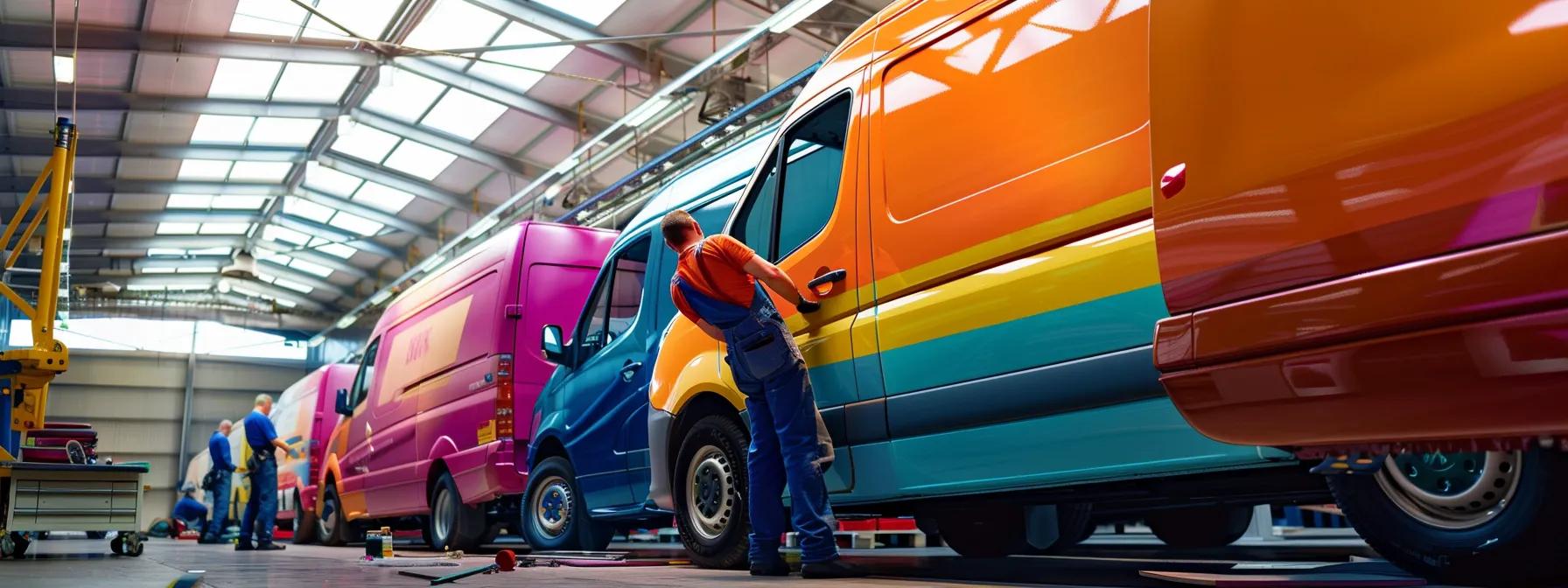 Fleet graphics installation workshop with colorful service vans being customized, showcasing professional vehicle branding and installation services.