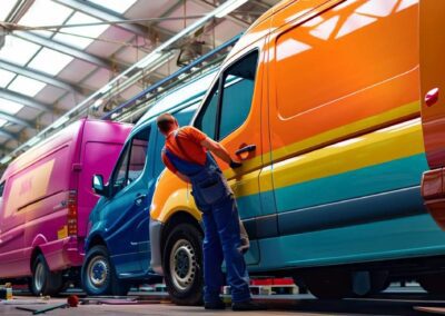 a skilled fleet graphics installer meticulously applies vibrant vinyl wraps to a fleet of commercial vehicles lined up in a modern workshop, surrounded by tools and equipment reflecting a dynamic atmosphere of creative craftsmanship.