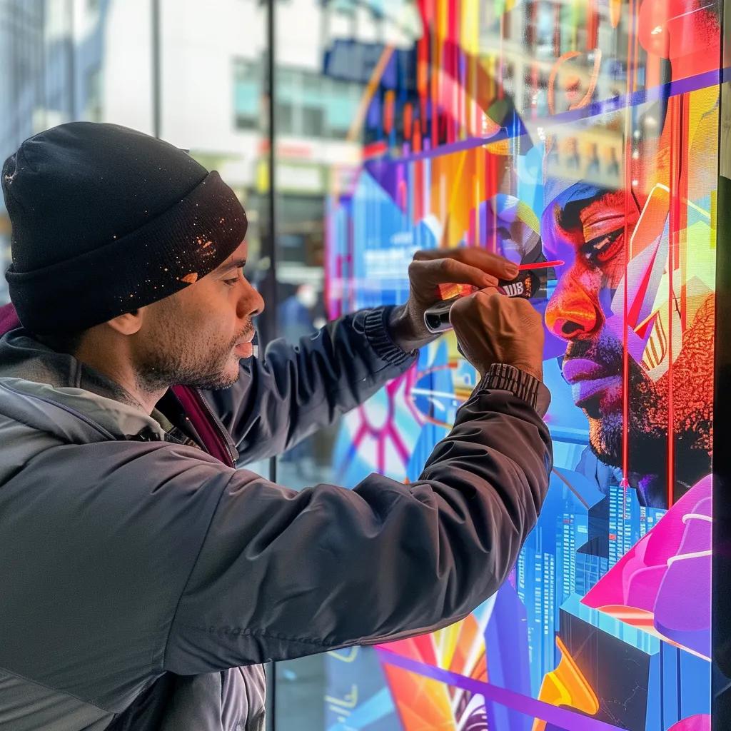 Graphic installer aligning a large-format print on a storefront window, enhancing brand visibility in a busy urban environment