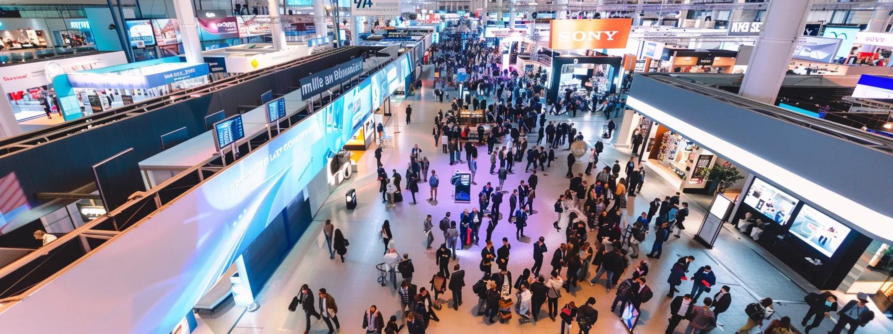 Crowd of attendees exploring a bustling trade show floor with various exhibit booths and digital displays, highlighting the importance of immersive experiences in exhibit design and audience engagement.