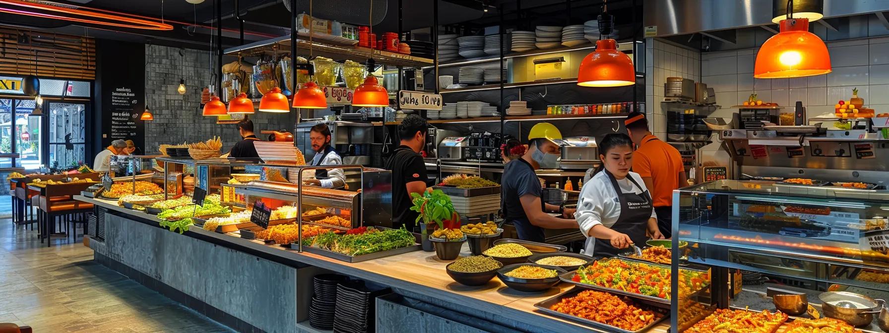 a bustling urban eatery showcases expert chefs skillfully preparing vibrant wraps, surrounded by a contemporary interior filled with colorful ingredients and mouth-watering displays.