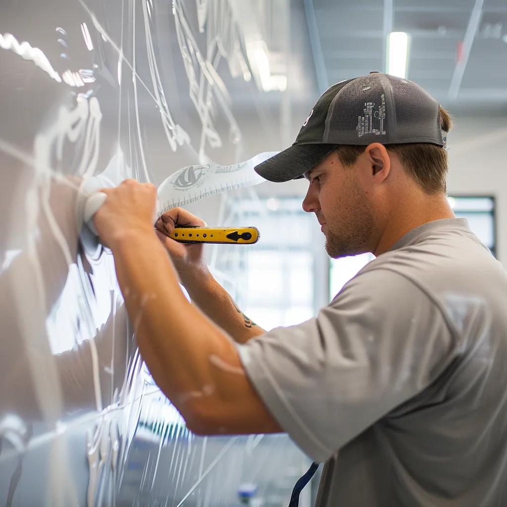 Professional installer applying wall wrap in corporate setting, demonstrating expertise