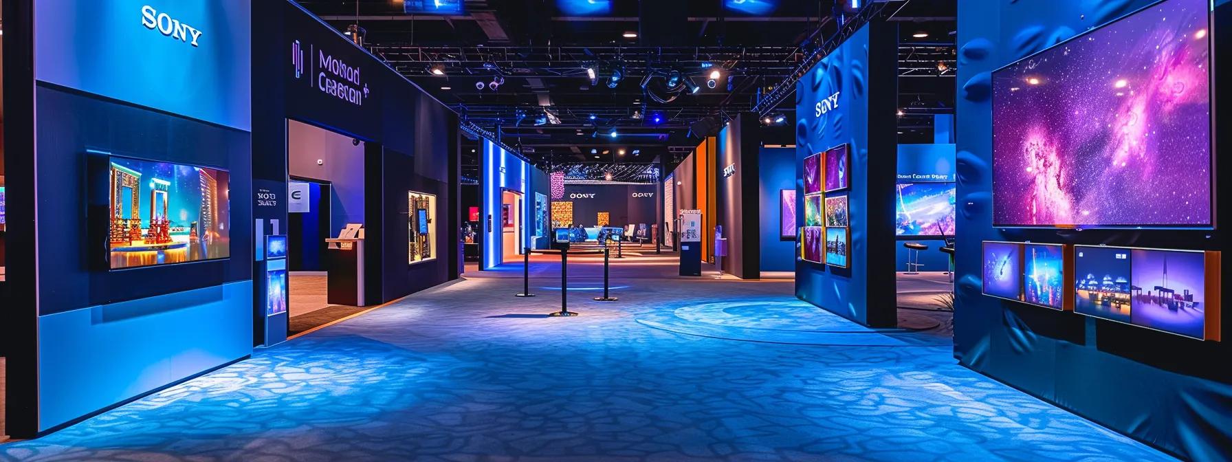 Exhibit hall featuring vibrant Sony branding and multiple display screens showcasing vivid visuals, illustrating professional exhibit setup services for trade shows.