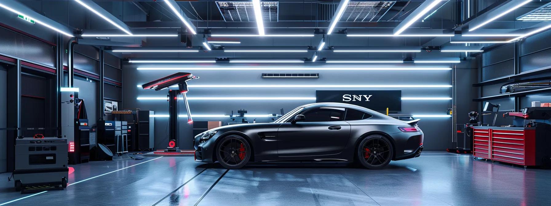 a sleek, modern auto shop illuminated by bright led lights showcases a professional technician meticulously removing vinyl wrap from a luxury vehicle, revealing its pristine paint and glossy finish.