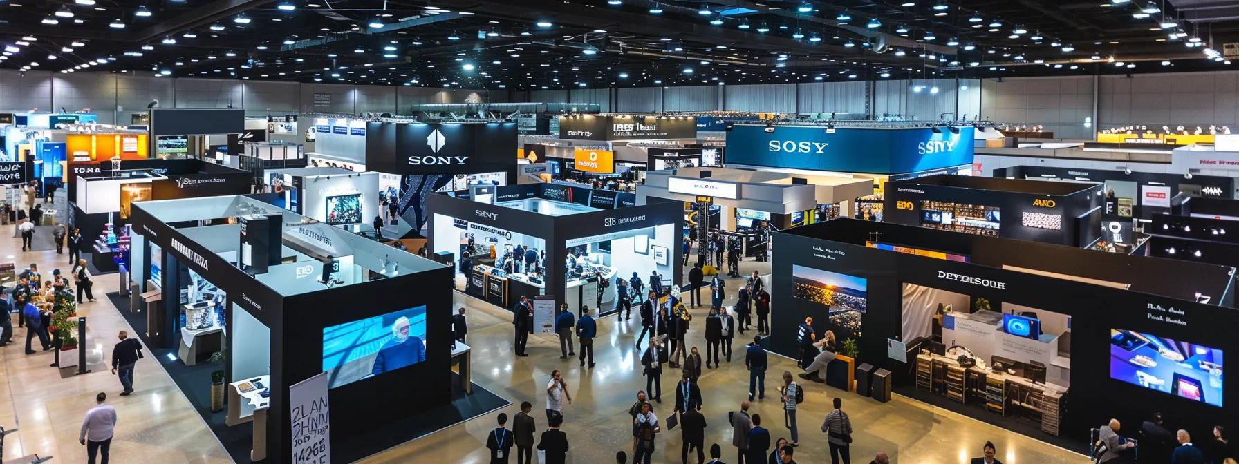 Trade show floor view featuring multiple exhibit booths, including prominent brands like Sony, showcasing intricate designs and interactive displays, surrounded by attendees engaging in the event.