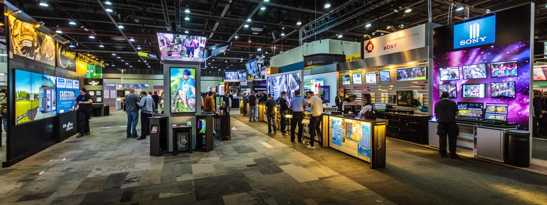 Trade show exhibit showcasing multiple interactive displays and product demonstrations, highlighting professional booth setups for effective audience engagement and branding.