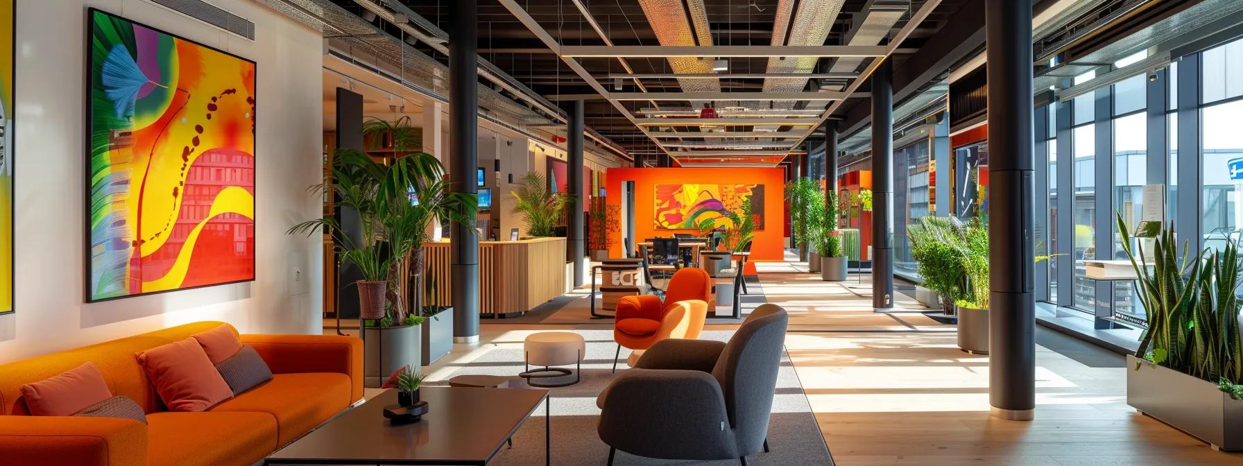 a vibrant, modern office space showcases innovative branding installations, featuring bold artwork and creative designs that transform the environment into an engaging and dynamic workspace.