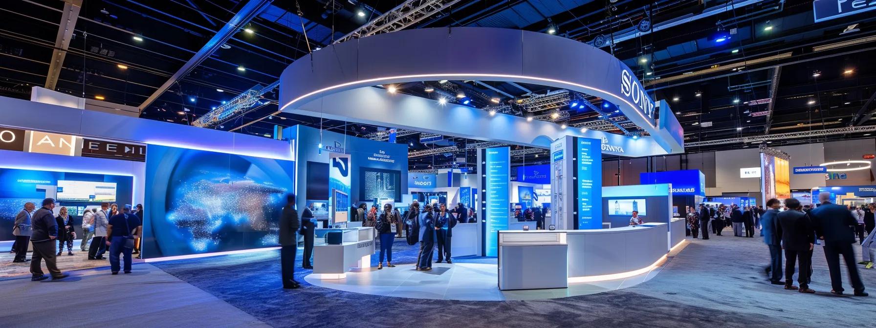 a sleek, modern exhibit booth showcases innovative design services, featuring bold graphics, interactive displays, and ambient lighting, set against a bustling convention center backdrop full of engaged attendees.