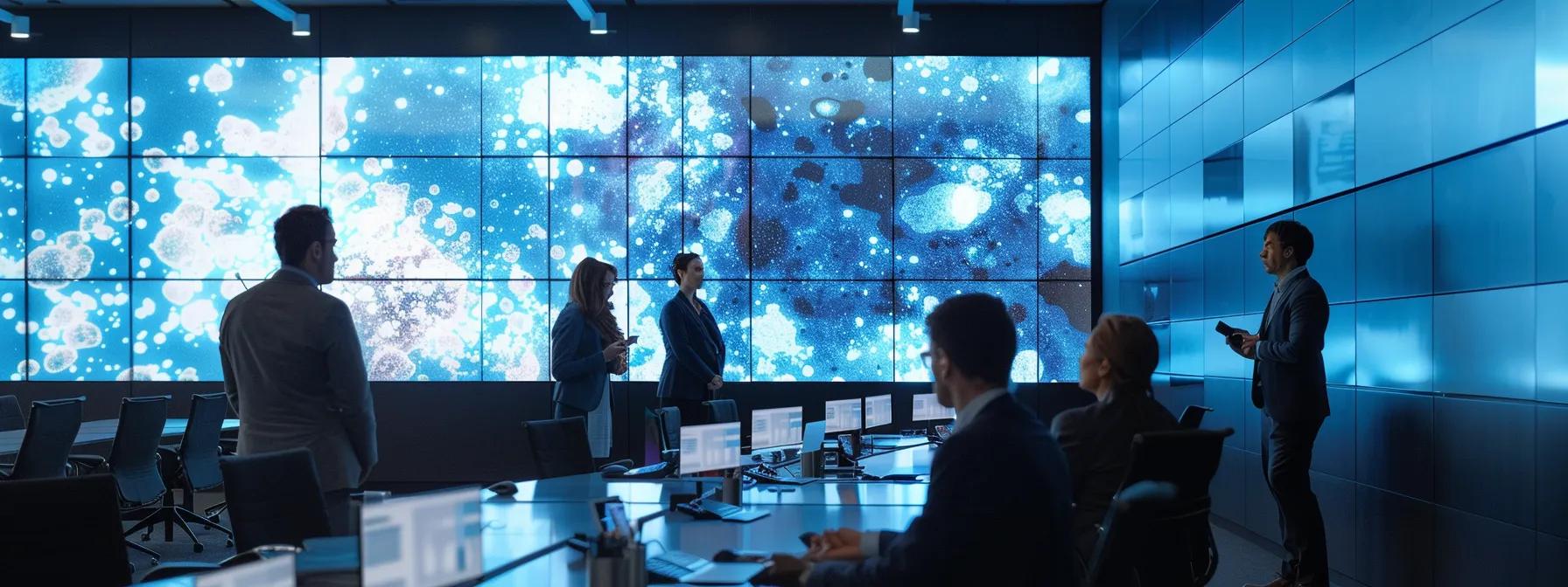 Business meeting in a modern conference room featuring a large digital display with abstract blue visuals, showcasing collaboration and technology in a professional setting.