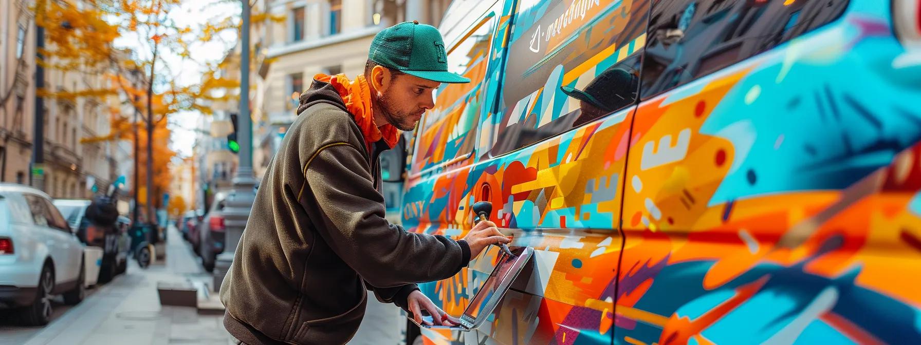 a vibrant urban setting features a skilled technician applying a striking custom vehicle wrap on a sleek van, showcasing dynamic graphics that highlight the brand's identity, while an expert consults nearby with a tablet in hand, illustrating the meticulous design and installation process.