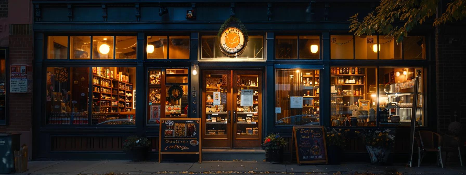 a warm, inviting family-owned storefront features a beautifully handcrafted wooden sign displayed prominently, surrounded by charming architectural elements that exude a sense of community and tradition.