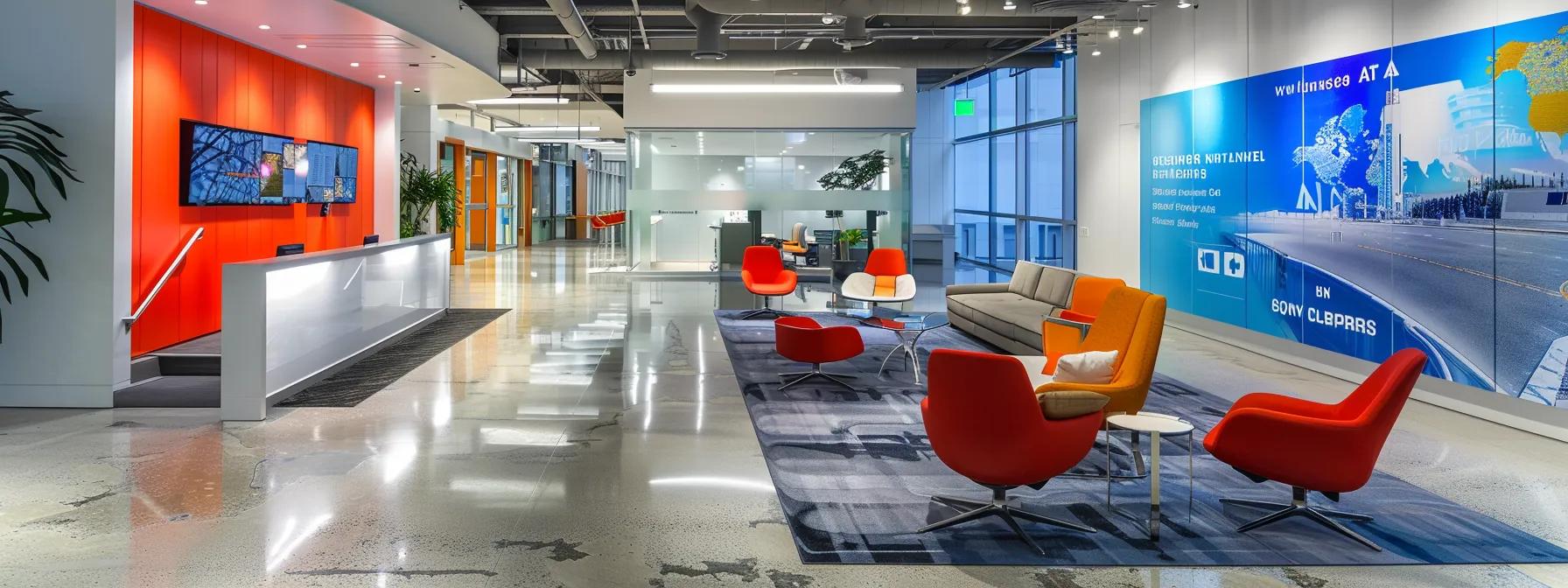 a sleek modern office space is transformed by vibrant custom wall graphics showcasing the brand's colors and mission statement, creating an engaging environment that visibly aligns with the company's identity and values.