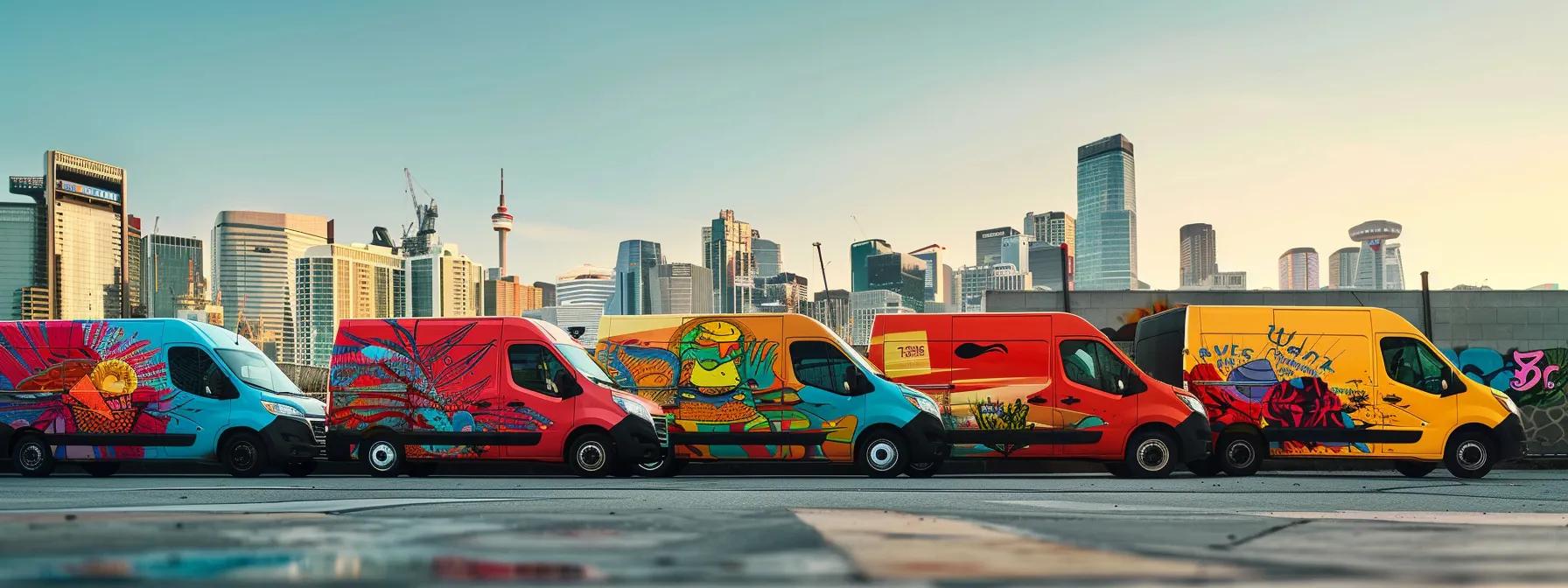 Colorful fleet vans featuring vibrant graphics, set against a city skyline, showcasing effective vehicle branding and marketing impact.