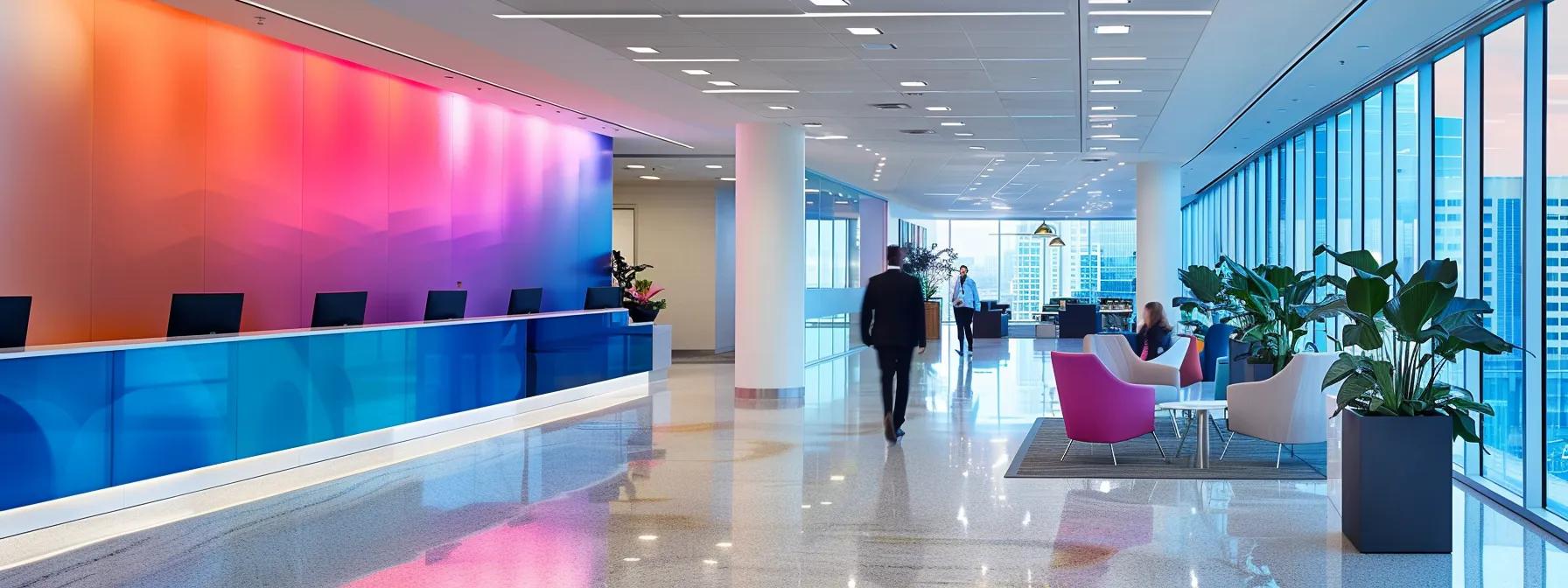 a dynamic office space showcases vibrant, custom branding elements on walls and furnishings, highlighting the professional transformation and investment in brand identity.