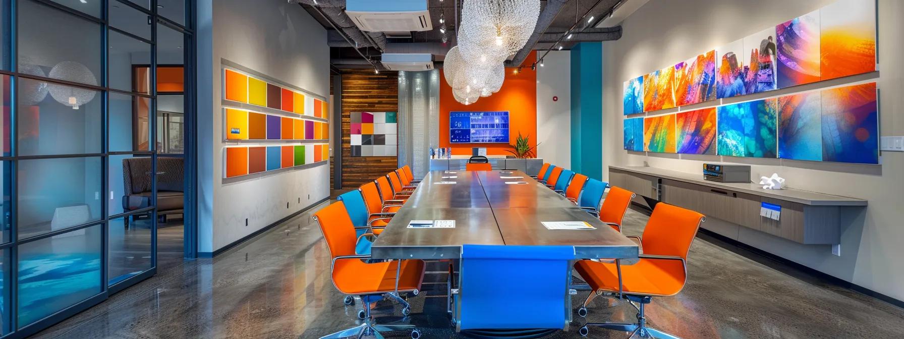 a modern office space filled with vibrant examples of vehicle wraps, showcasing a professional consultation between a wrap expert and a client, with color swatches and design samples prominently displayed on a sleek conference table.