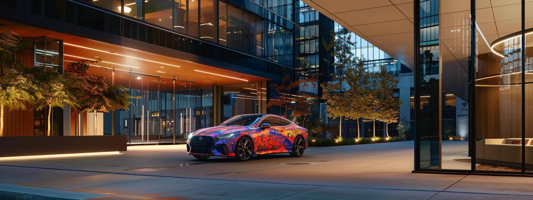 a sleek, urban scene showcases a vibrant vehicle with a stunning wrap, parked confidently in front of a modern office building, symbolizing the longevity and professionalism of vehicle branding.