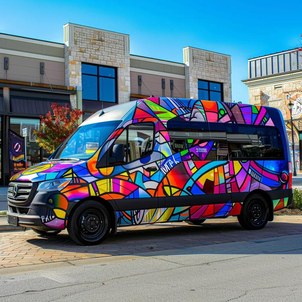 Fully wrapped vehicle parked in front of a business, showcasing vibrant graphics and branding